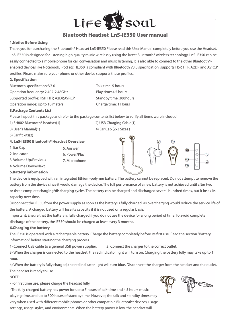Page 1 de la notice Manuel utilisateur Life N Soul IE350