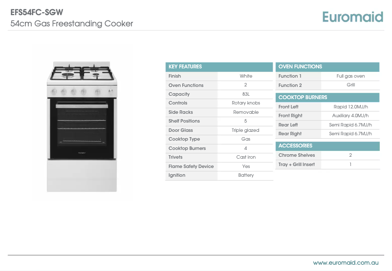 Page 1 de la notice Fiche technique Euromaid EFS54FC-SGW