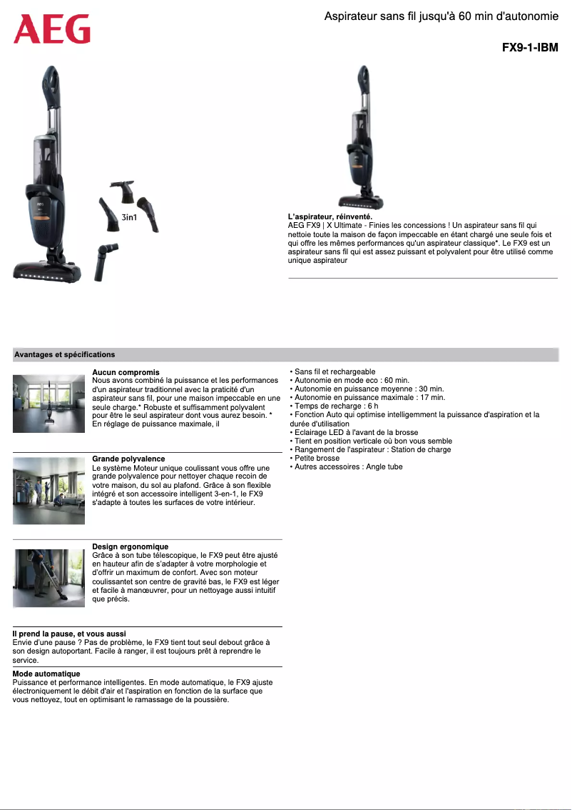 Page 1 de la notice Fiche technique AEG FX9