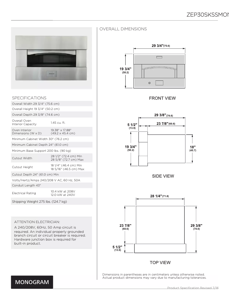 Page 1 de la notice Guide d'installation Monogram ZEP30SKSS