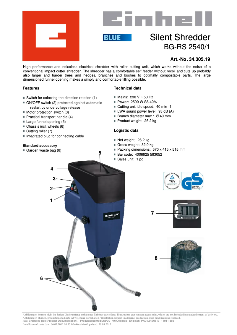 Page 1 de la notice Manuel utilisateur Einhell BG-RS 2540/1