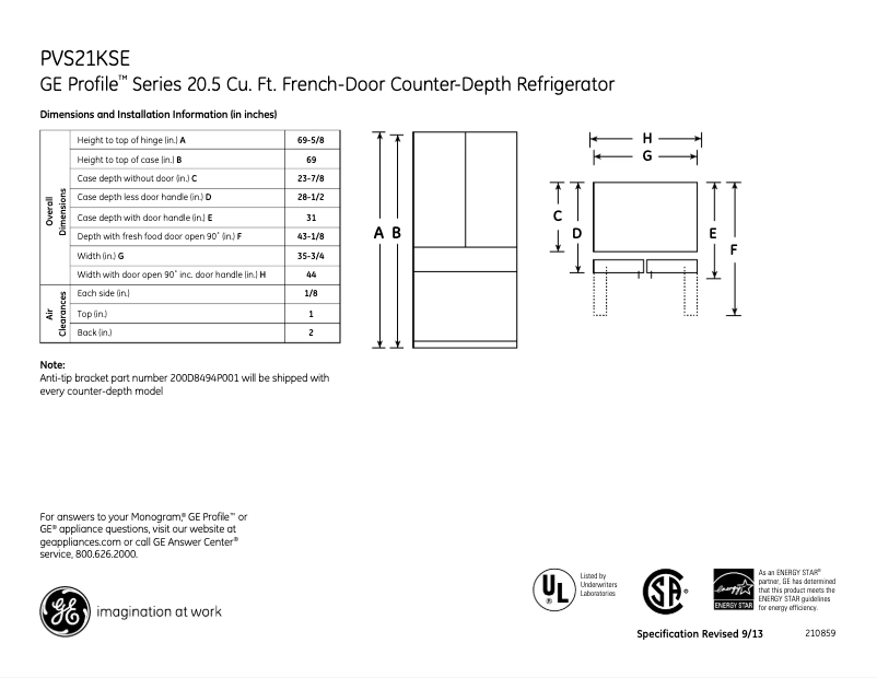 Page n°1 - Fiche technique GE Profile PVS21KSESS