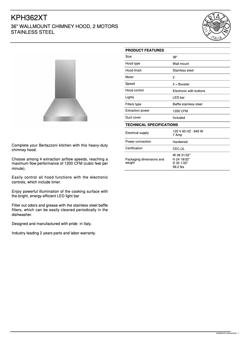 Page 1 de la notice Fiche technique Bertazzoni KPH362XT