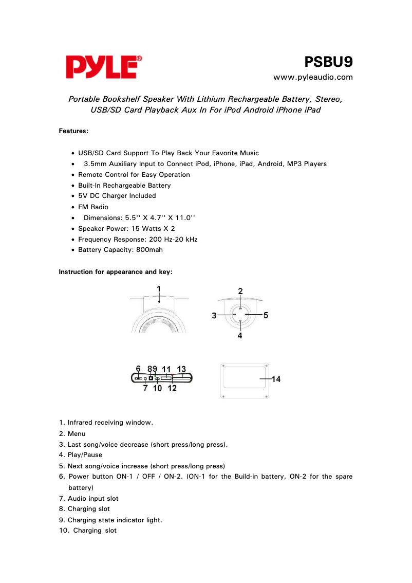 Page 1 de la notice Manuel utilisateur Pyle PSBU9