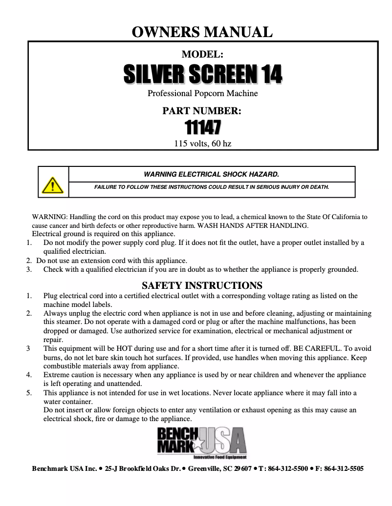 Page n°1 - Manuel utilisateur Benchmark USA Silver Screen 14
