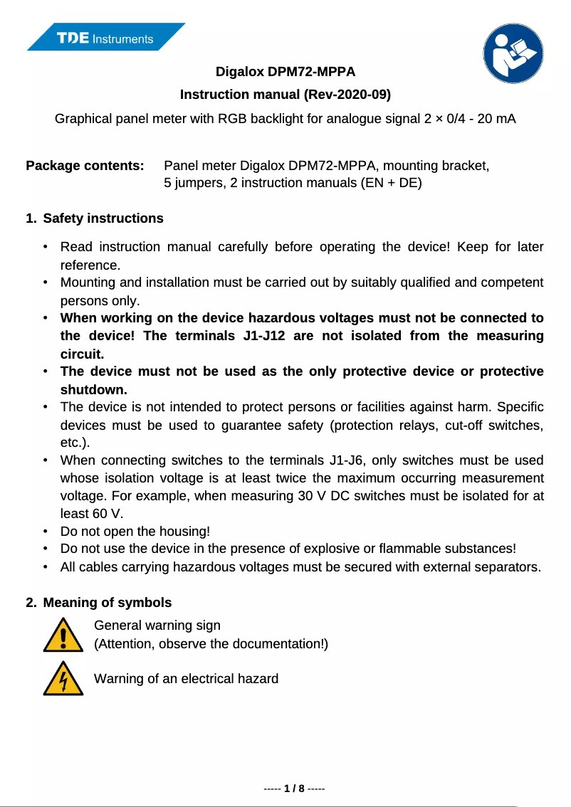 Page 1 de la notice Manuel utilisateur TDE Instruments Digalox DPM72-MPPA