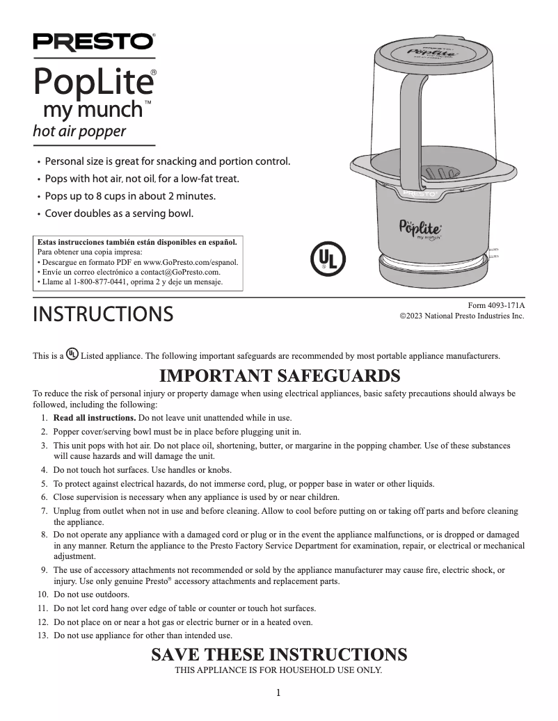 Page 1 de la notice Manuel utilisateur Presto PopLite my munch