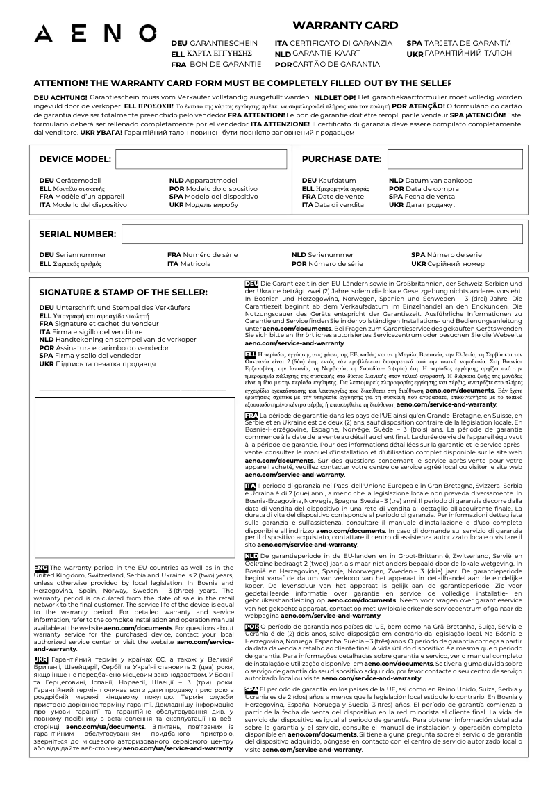 Page 1 de la notice Informations de garantie AENO RC4S
