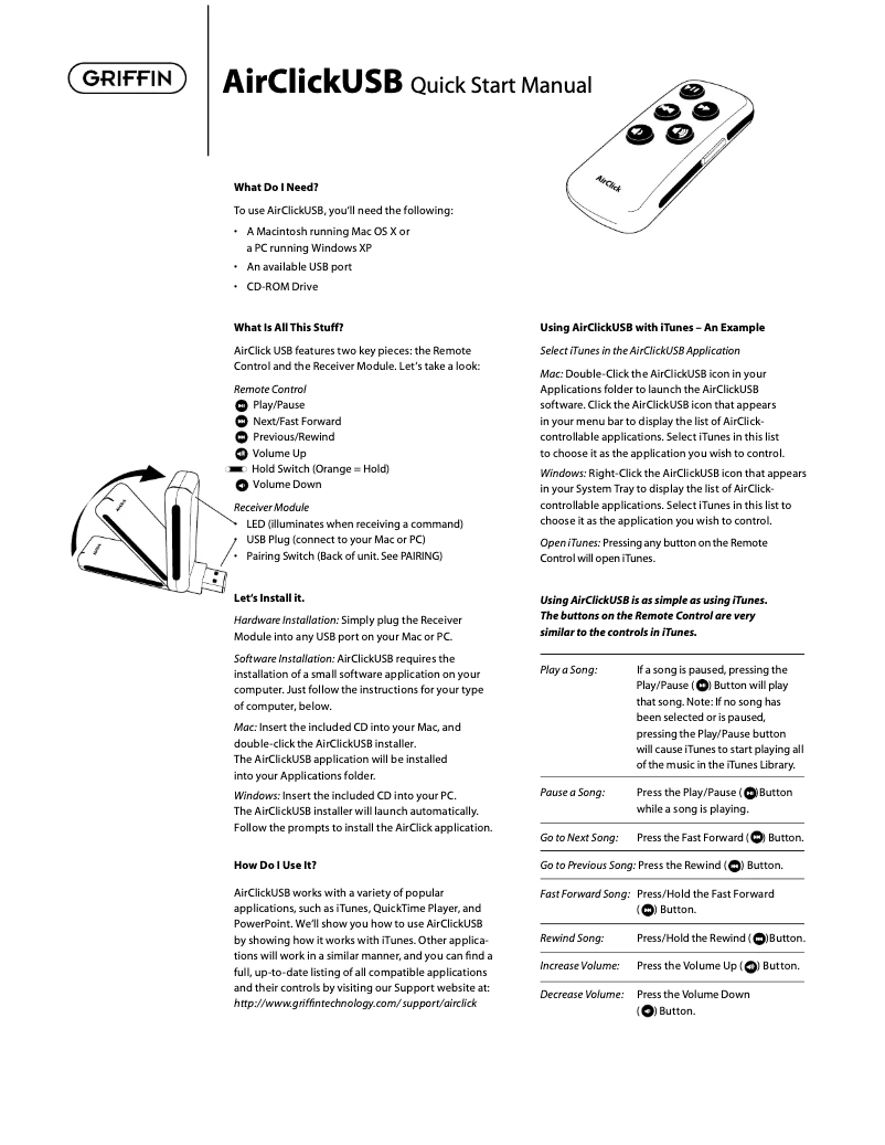 Page 1 de la notice Manuel utilisateur Griffin AirClick USB
