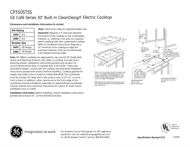 Page 1 of the manual Technical Sheet GE Café CP350STSS