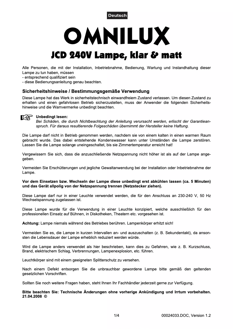 Page 1 de la notice Manuel utilisateur Omnilux JCD 240 V