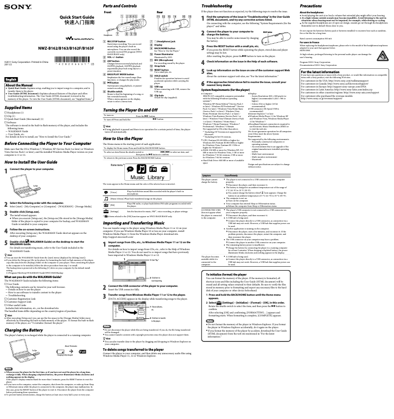 Image de la première page du manuel de l'appareil NWZ-B162F