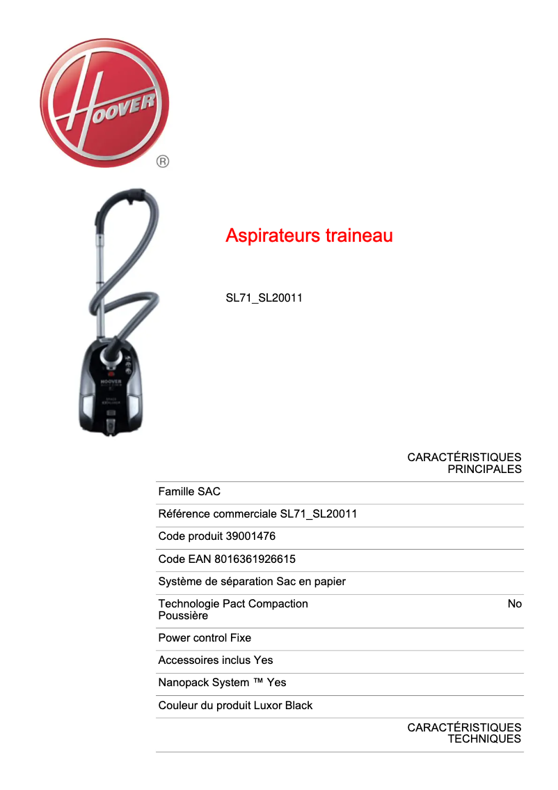 Page 1 de la notice Fiche technique Hoover SL71_SL20011