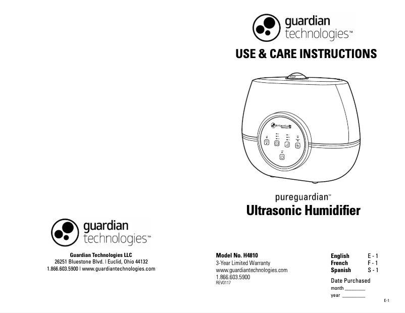 Page n°1 - Manuel utilisateur PureGuardian H4810