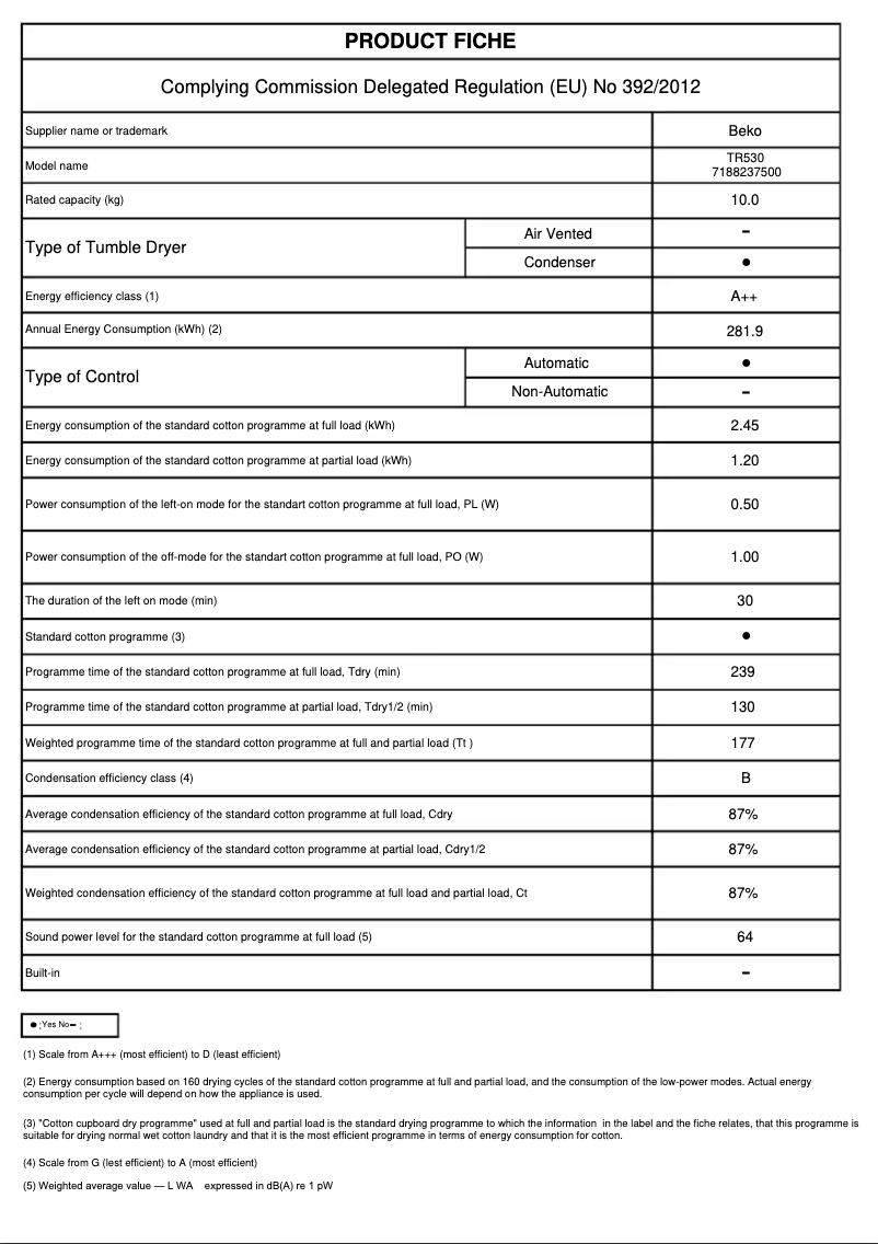 Page 1 de la notice Fiche technique Beko TR530