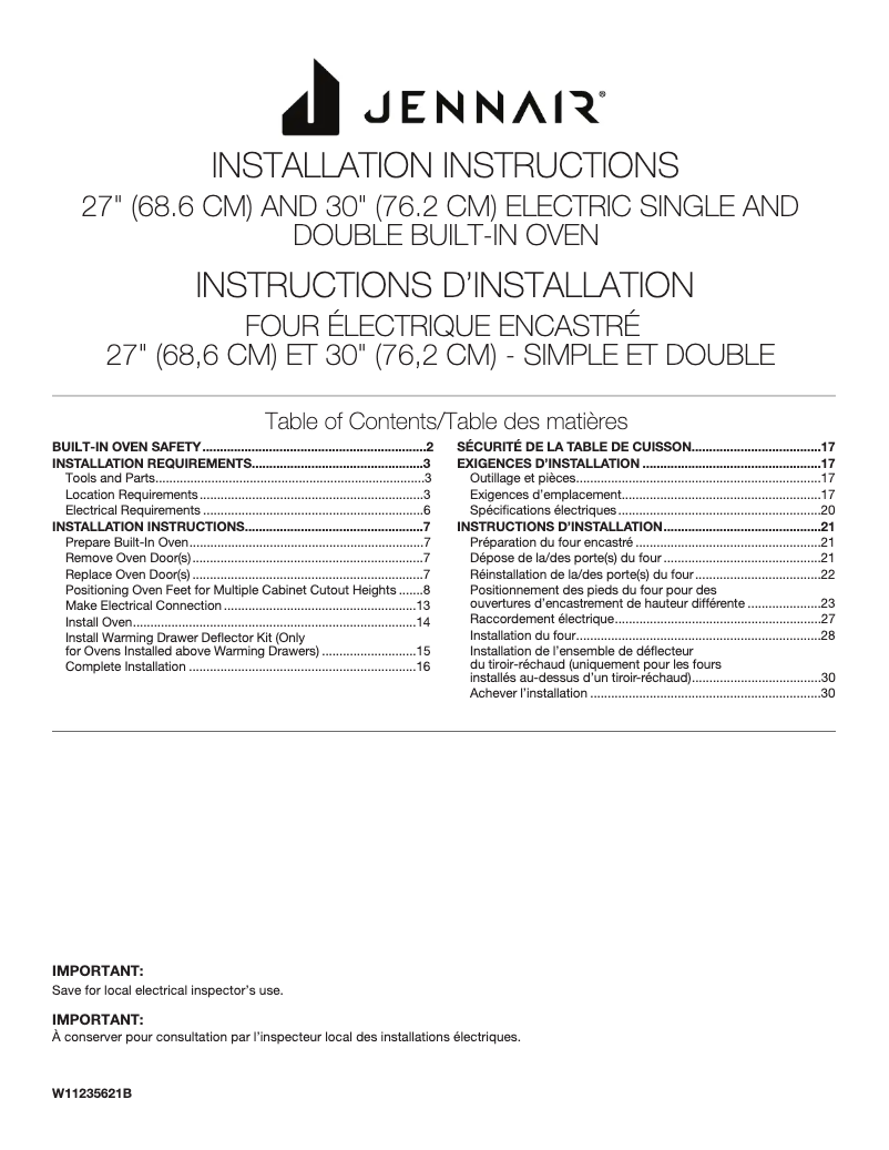 Page 1 de la notice Guide d'installation JennAir JJW2830LM