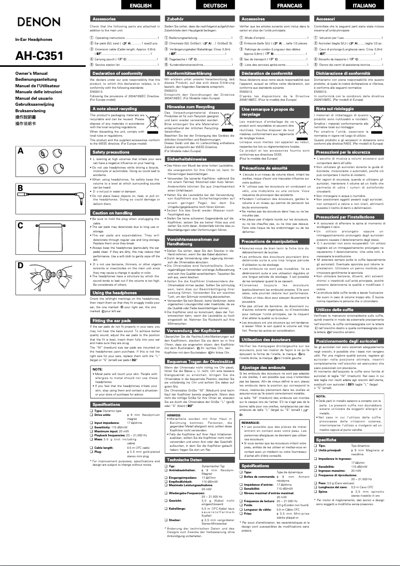 Page n°1 - Manuel utilisateur Denon AH-C351K