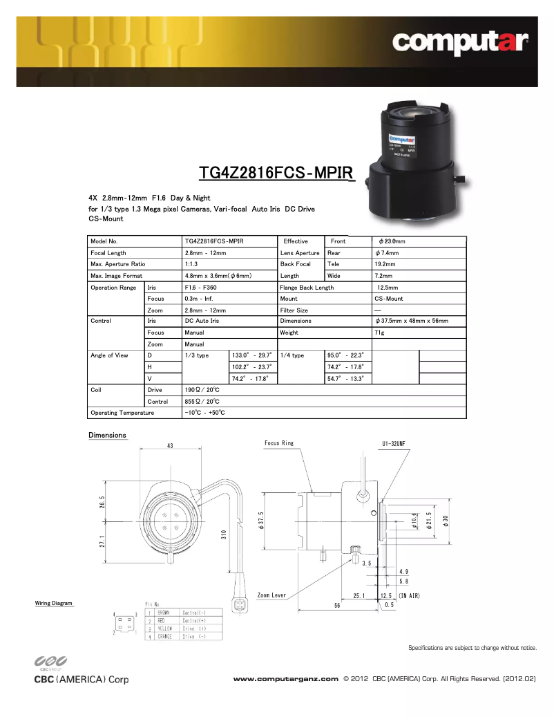 Page n°1 - Manuel utilisateur Computar TG4Z2816FCS-MPIR