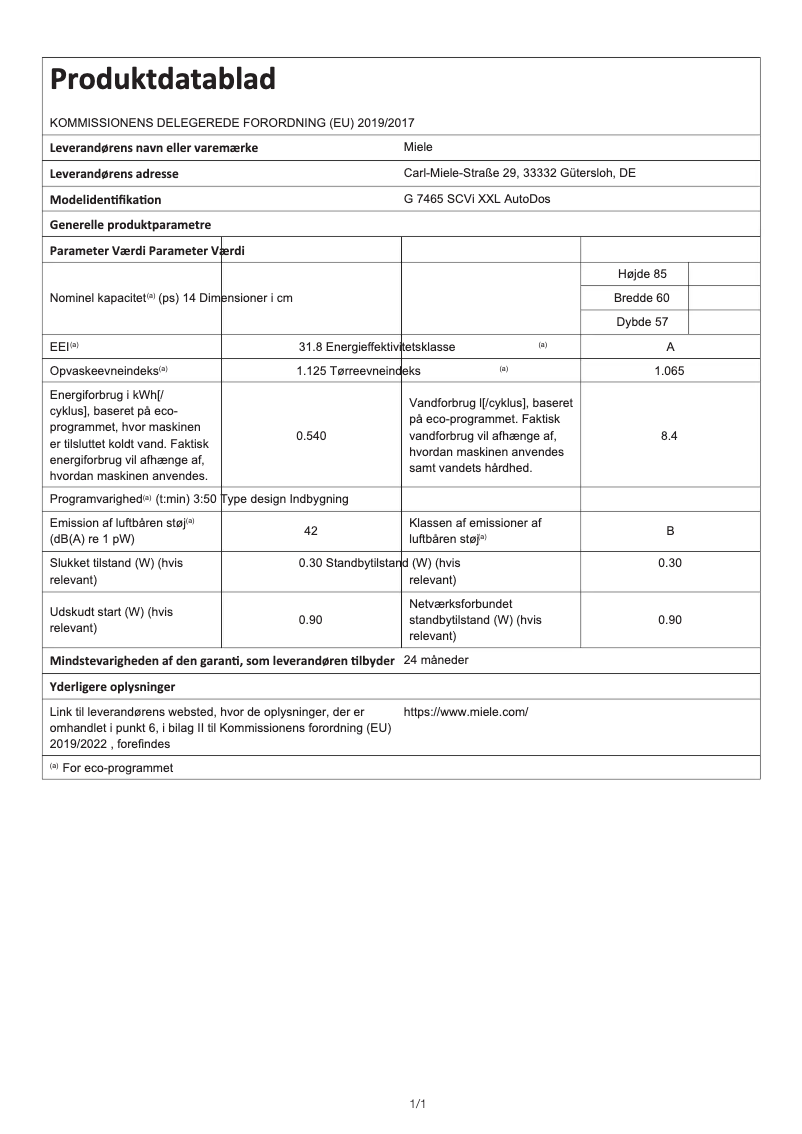 Page 1 de la notice Fiche technique Miele G 7465 SCVi XXL AutoDos