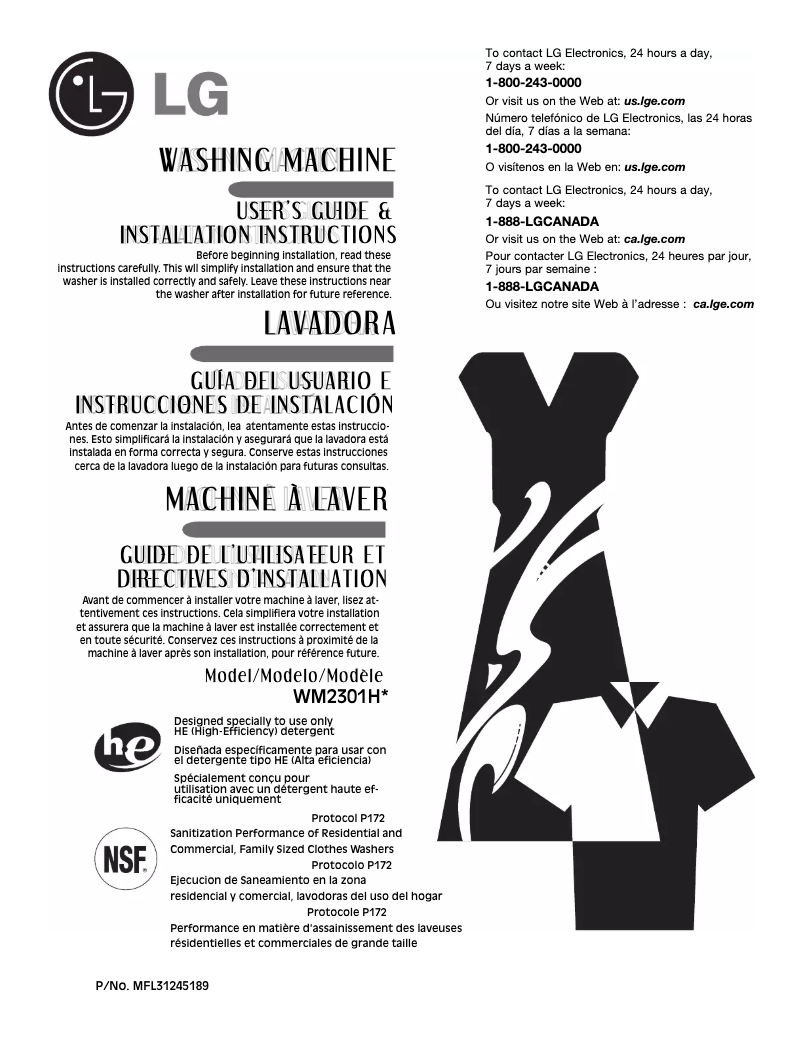 Page 1 de la notice Manuel utilisateur LG WM2301HR