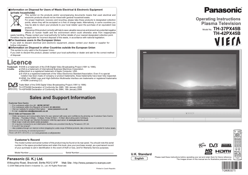 Page 1 de la notice Manuel utilisateur Panasonic Viera TH-42PX45B