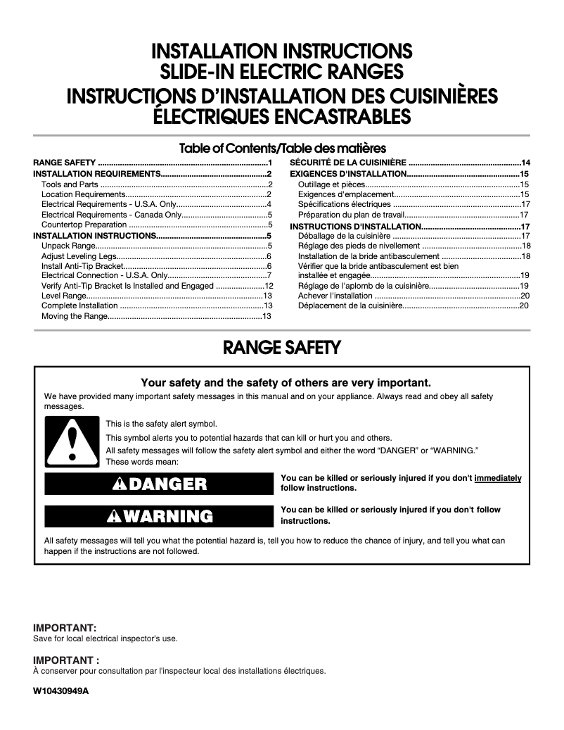 Page 1 de la notice Instructions / montage Whirlpool GY397LXUS