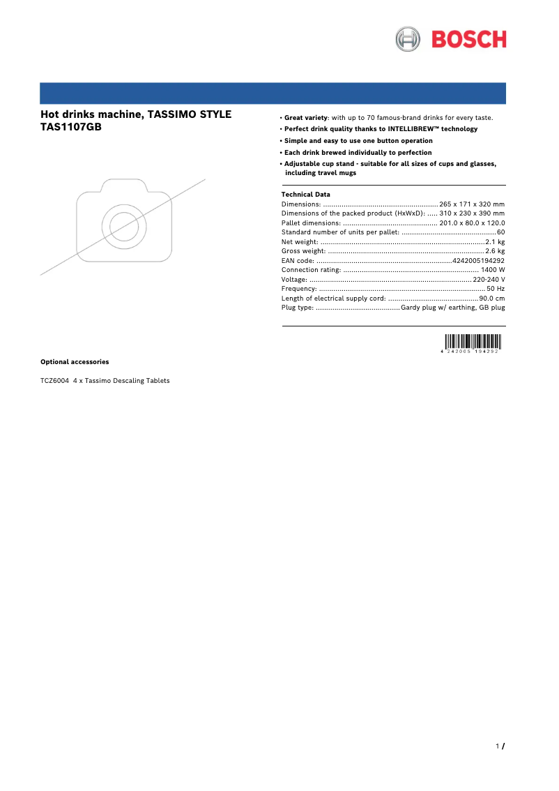 Page 1 de la notice Fiche technique Bosch Tassimo Style TAS1107