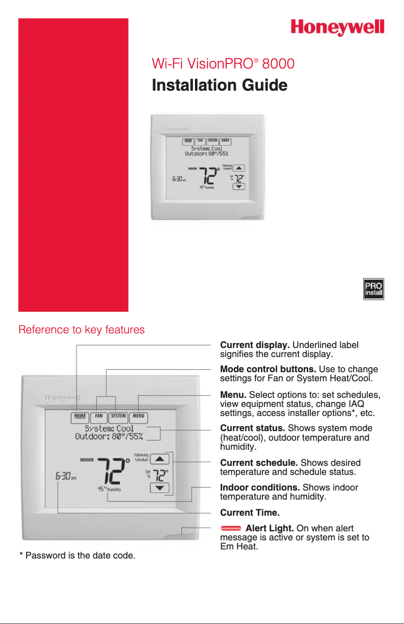 Page 1 de la notice Guide d'installation Honeywell VisionPRO 8000