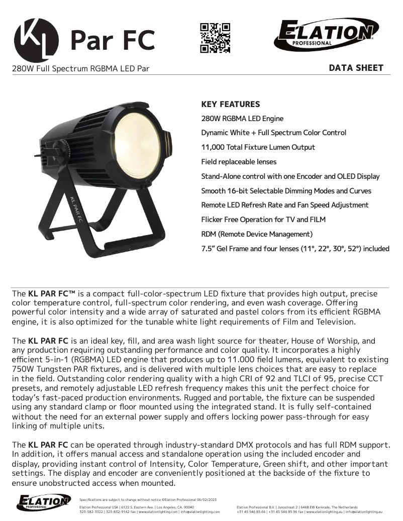 Page 1 de la notice Fiche technique Elation KL Par FC
