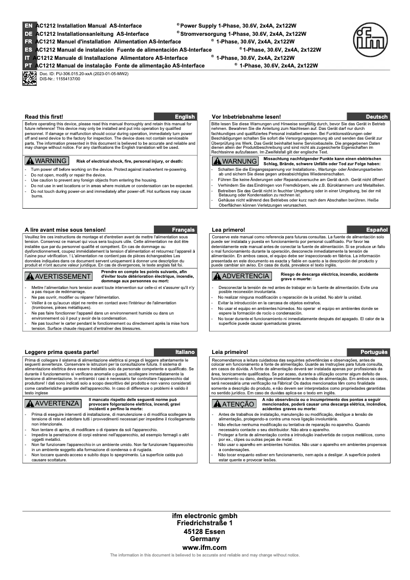 Page n°1 - Manuel utilisateur IFM AC1212