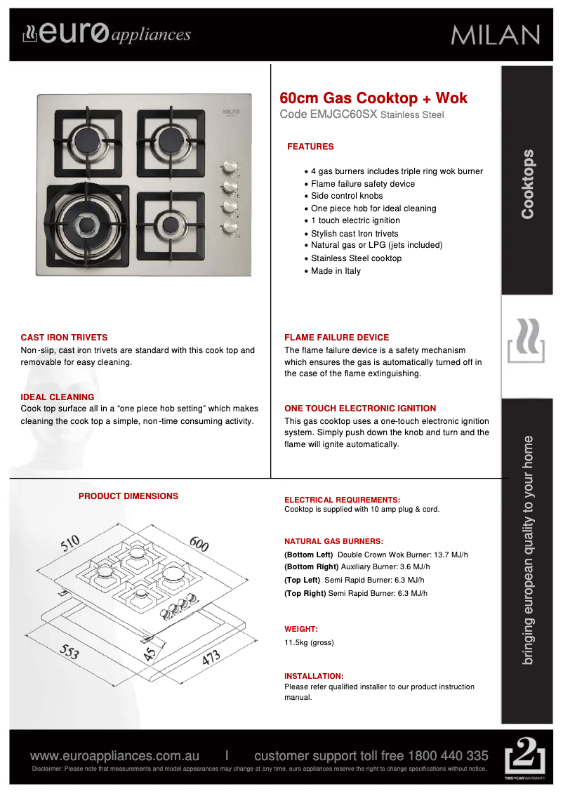 Page 1 de la notice Fiche technique Euro Appliances EMJGC60SX