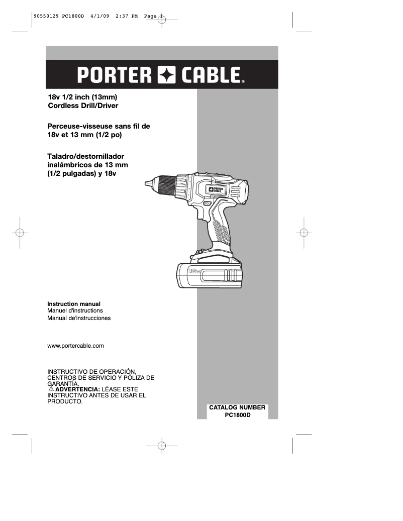 Page 1 de la notice Manuel utilisateur Porter-Cable PC1800D