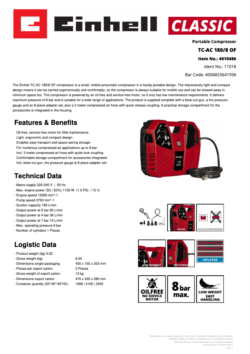 Page n°1 - Fiche technique Einhell TC-AC 180/8 OF