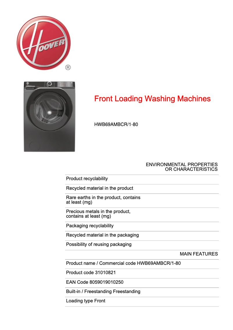 Page n°1 - Fiche technique Hoover H-WASH 500 HWB69AMBCR/1-80