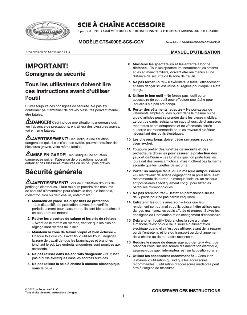 Page 1 of the manual User Manual Sun Joe GTS4000E-8CS-CGY