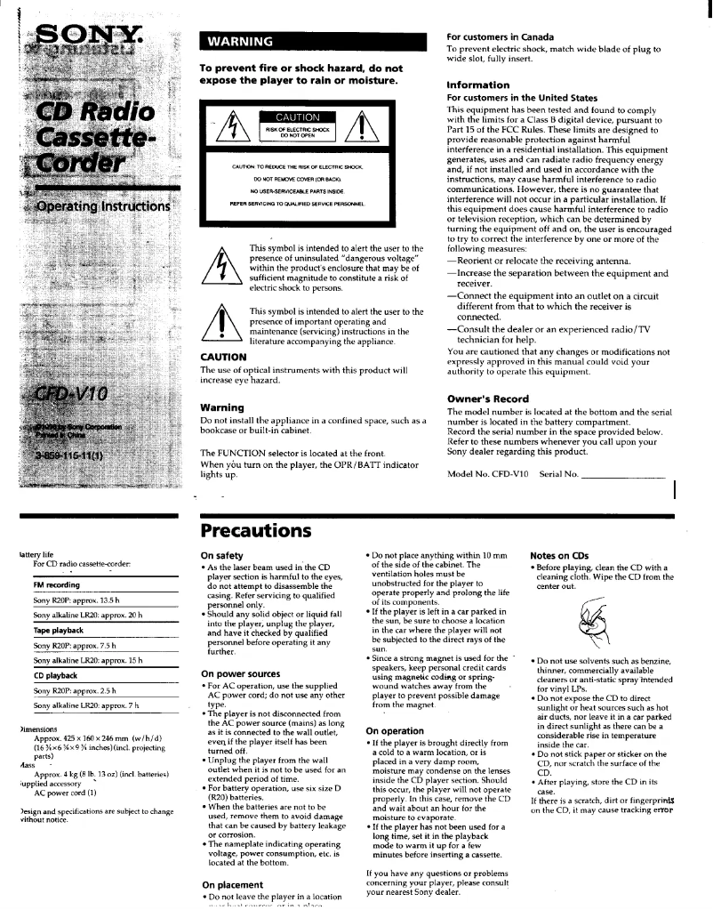 Page 1 de la notice Manuel utilisateur Sony CFD-V10