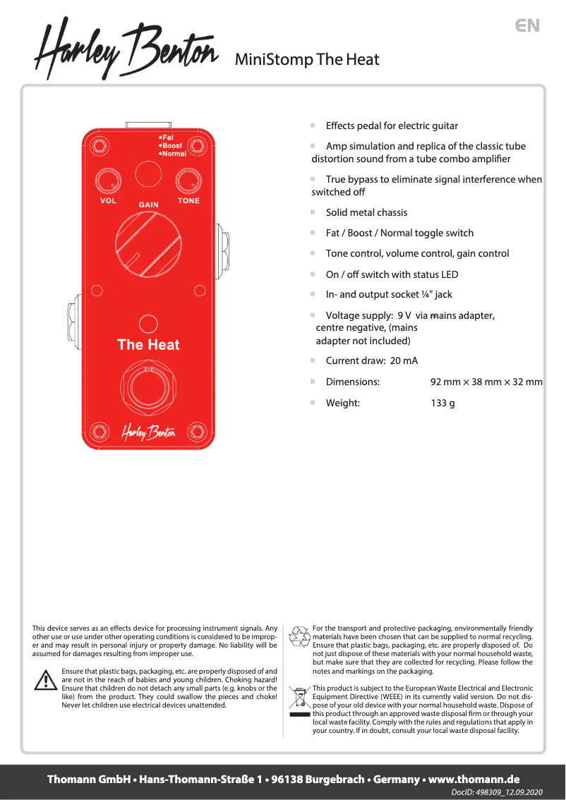 Page 1 de la notice Manuel utilisateur Harley Benton MiniStomp The Heat