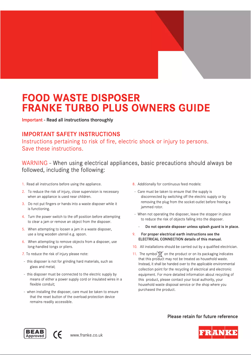 Page 1 de la notice Manuel utilisateur Franke TP-125