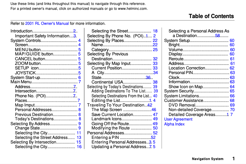 Page 1 de la notice Manuel utilisateur Acura RL (2001)