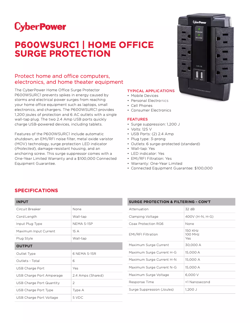 Page 1 de la notice Fiche technique CyberPower Home Office P600WSURC1