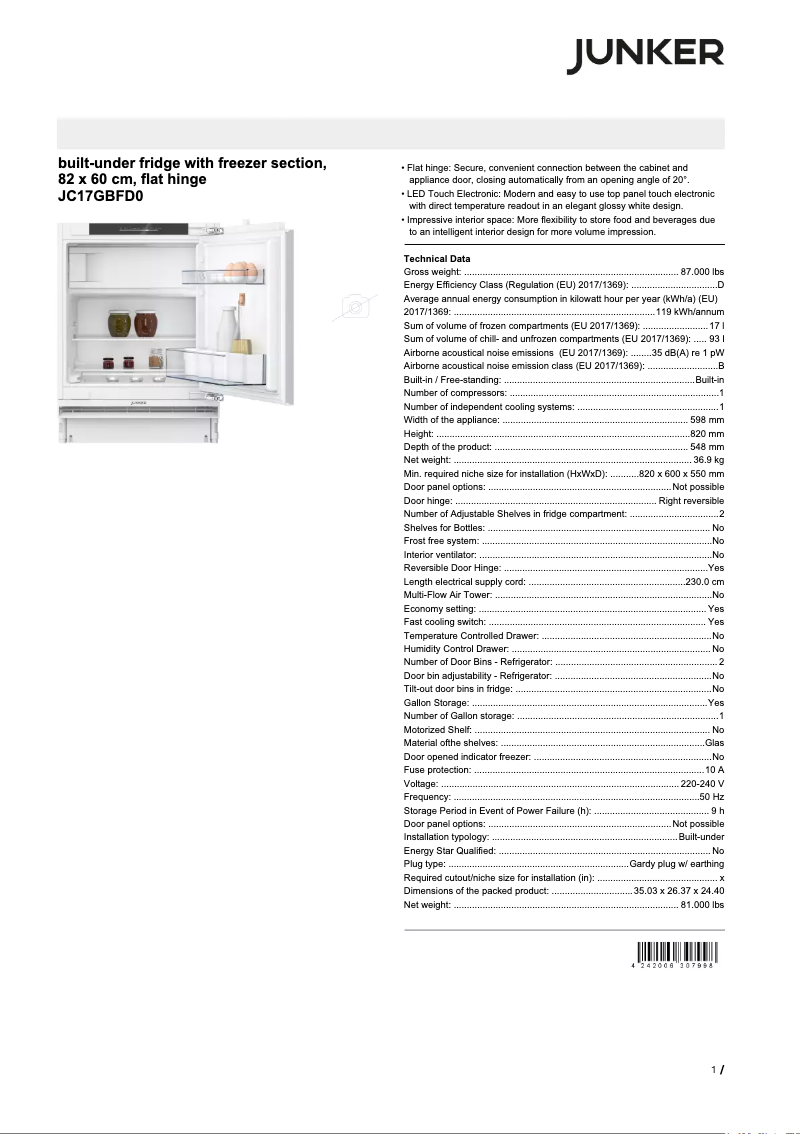 Page 1 de la notice Fiche technique Junker JC17GBFD0