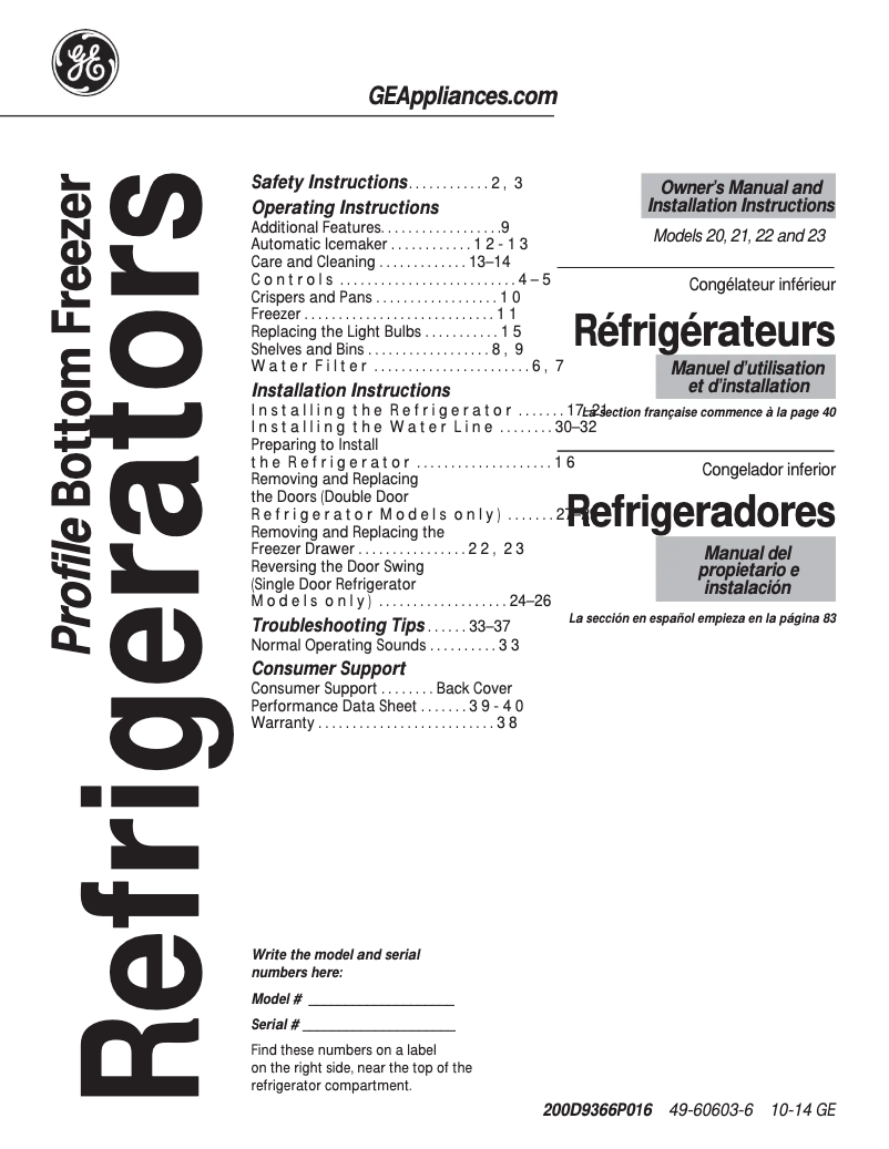 Image de la première page du manuel de l'appareil GNS23GGHBB