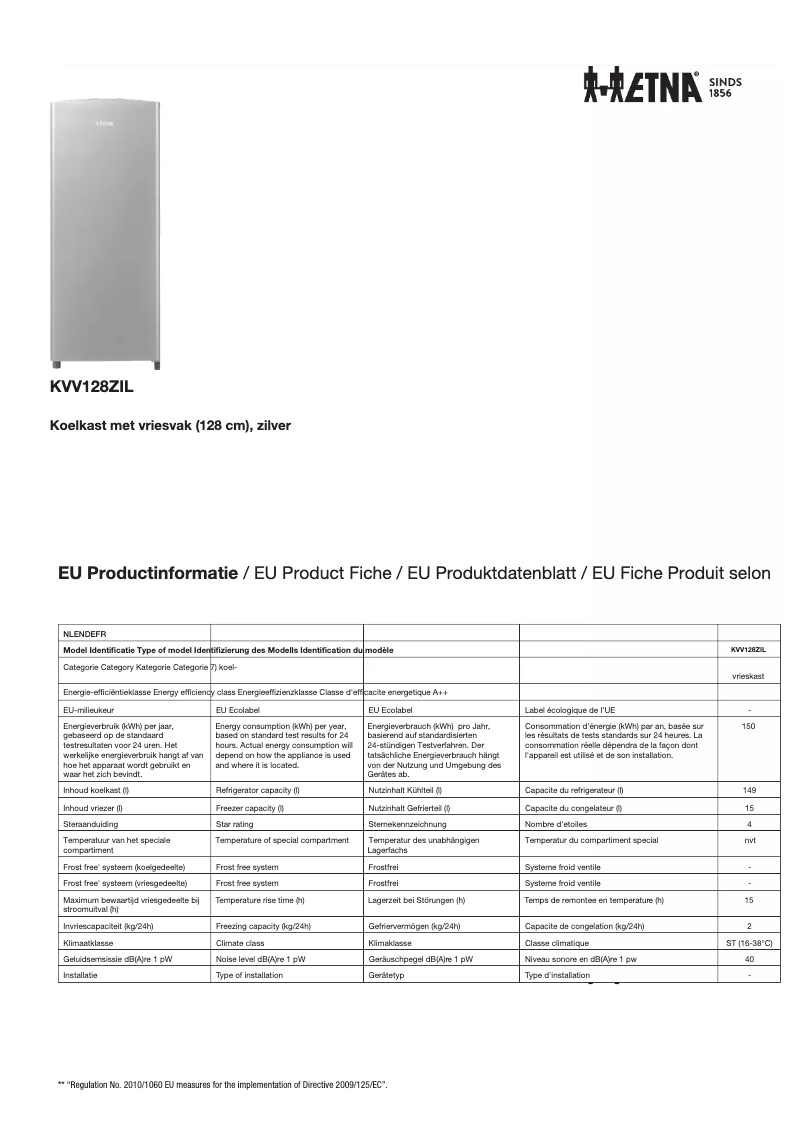 Page 1 de la notice Fiche technique Etna KVV128ZIL