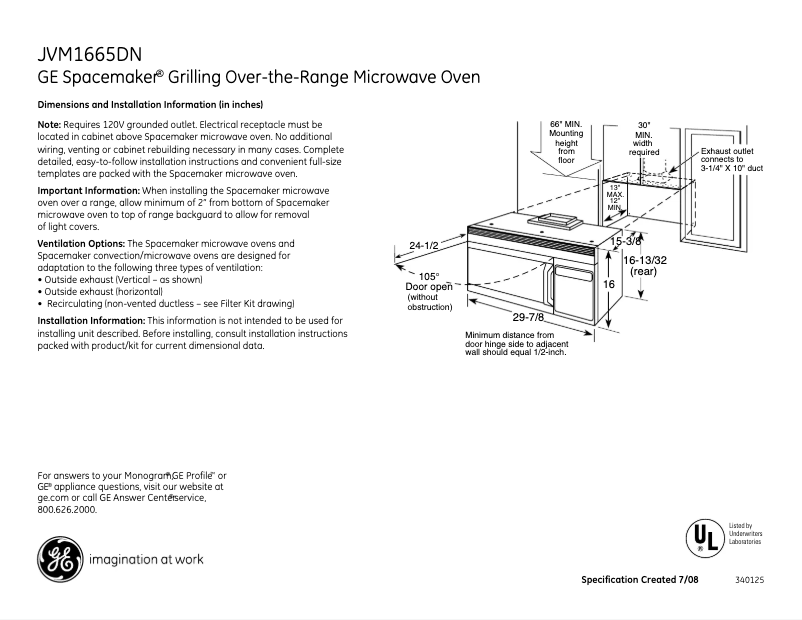 Page 1 de la notice Fiche technique GE Spacemaker JVM1665DNBB