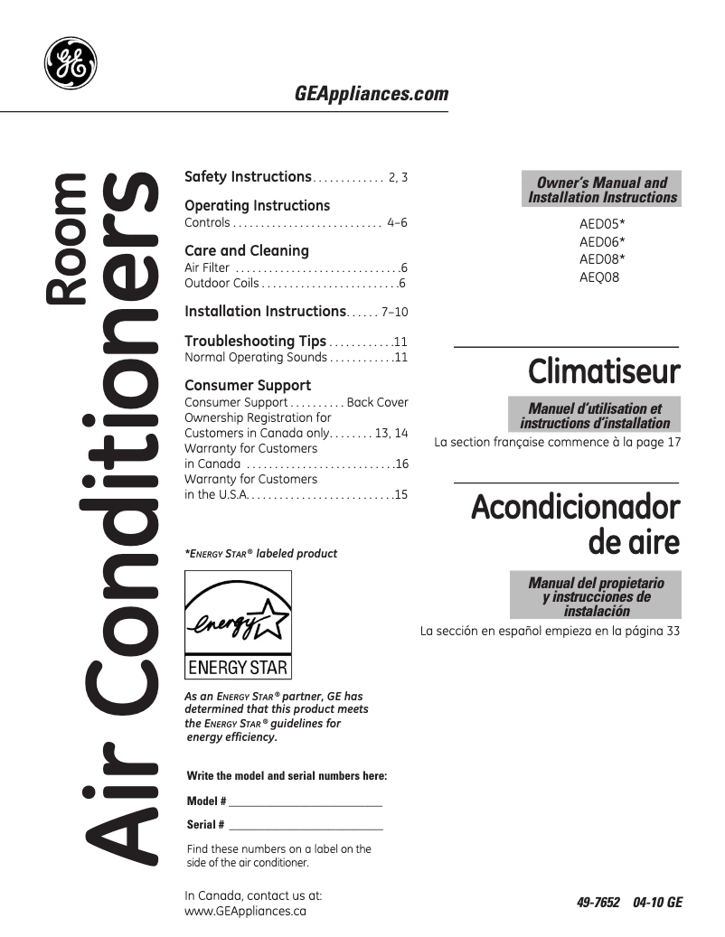 Page 1 de la notice Manuel d'utilisation et d'entretien GE AED08LN