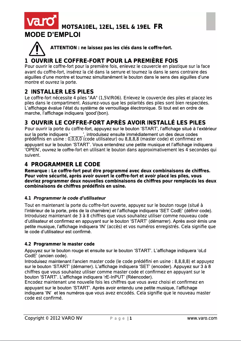 Page 1 de la notice Manuel utilisateur VARO MOTSA10EL