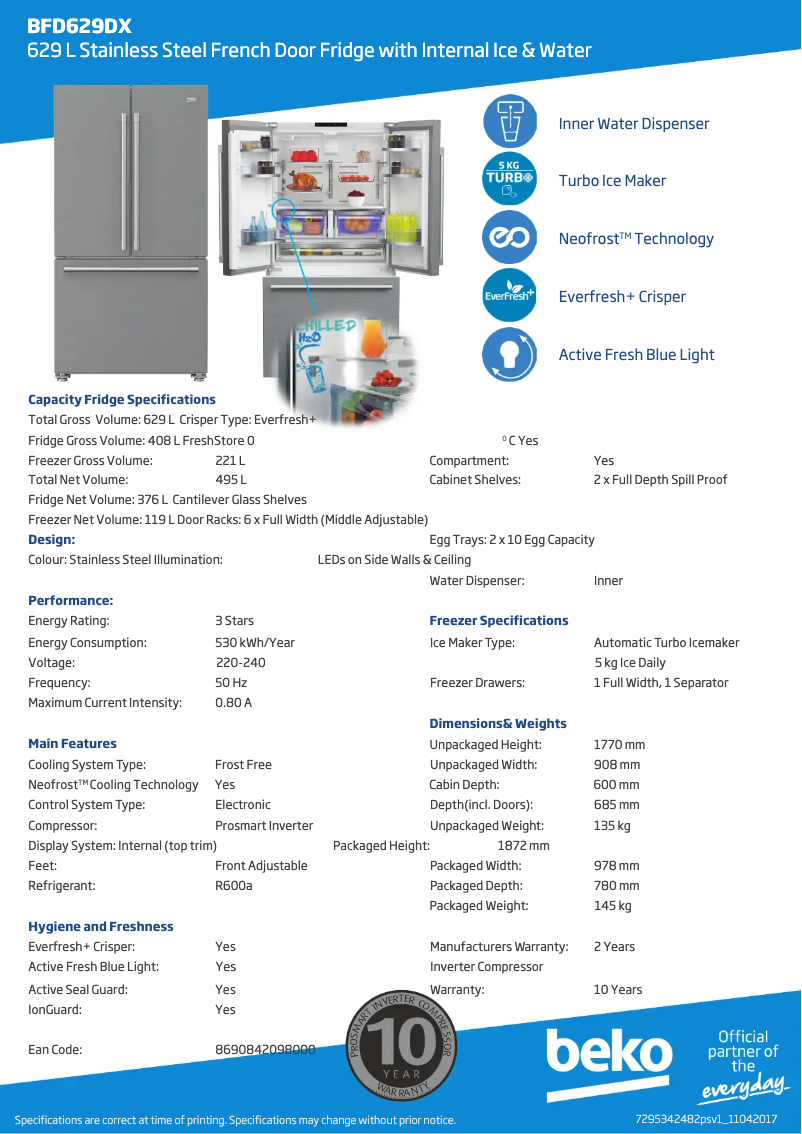 Page 1 de la notice Fiche technique Beko BFD629DX