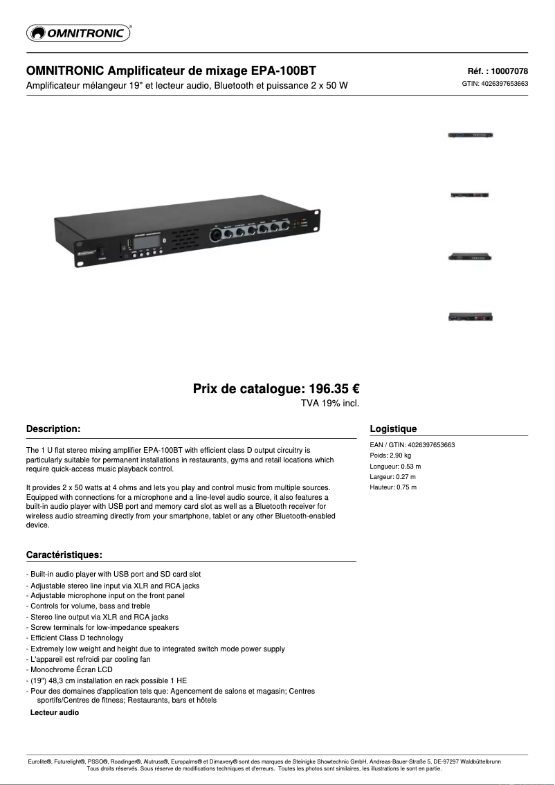 Page 1 de la notice Fiche technique Omnitronic EPA-100BT