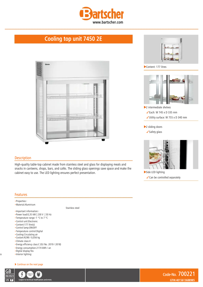 Page 1 de la notice Fiche technique Bartscher 7450 2E