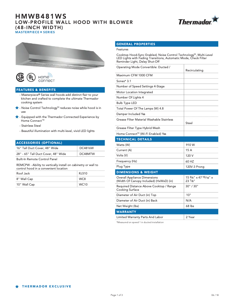 Página 1 del manual Ficha técnica Thermador HMWB481WS